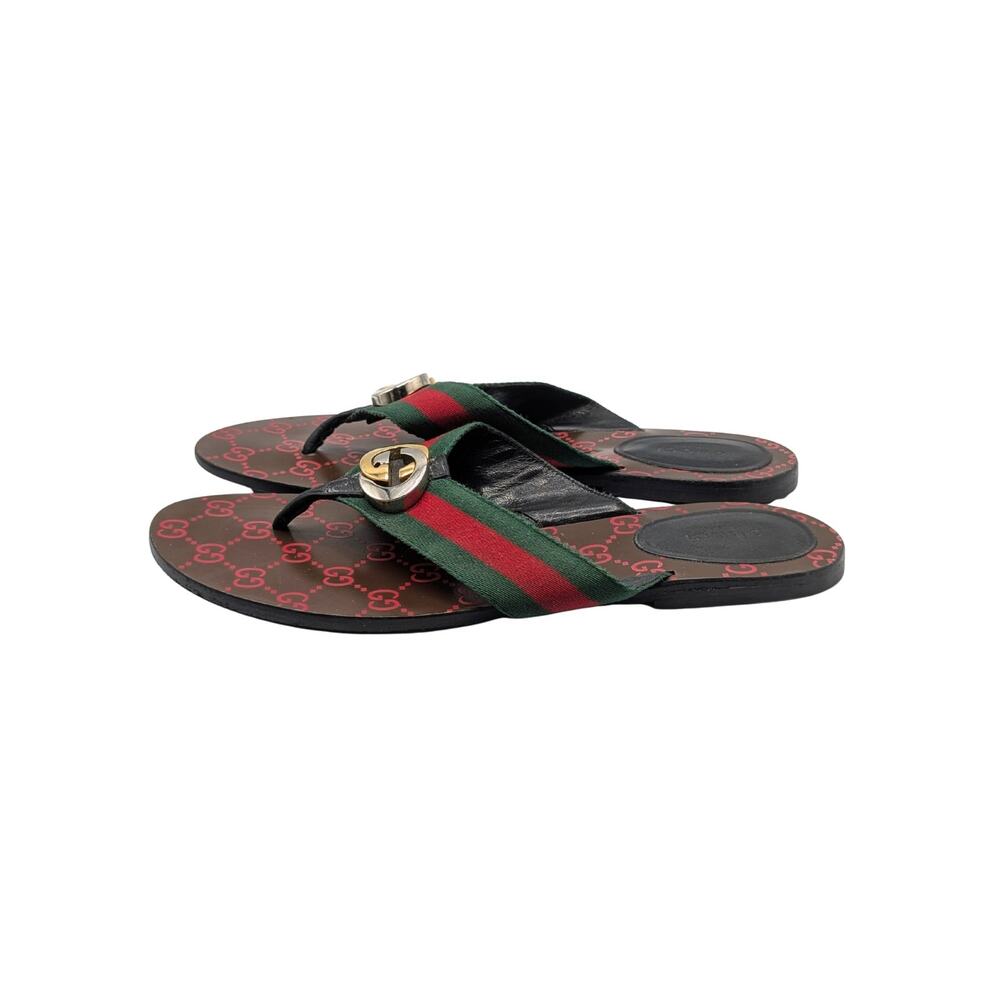 Gucci Kika Brown Red Monogram Interlocking GG Web Sandals Size 41 - Picture 2 of 7
